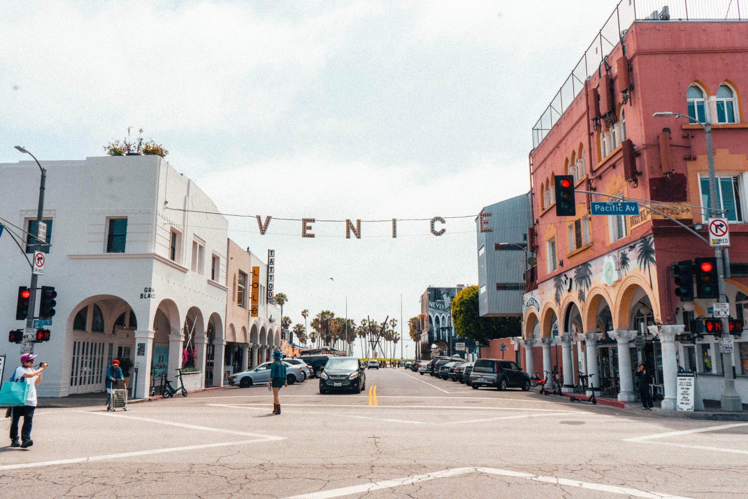 Venice sign spanning across Windward Avenue at Pacific in Venice Beach, Calif.