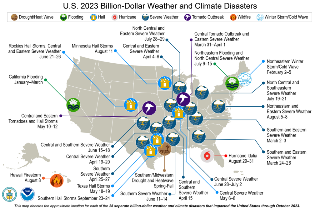 A map from NOAA showing the 23 U.S. billion-dollar weather events through Oct. 2023.