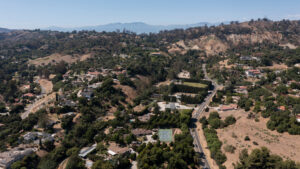 Aerial view of La Habra Heights, Calif. showing the wildland urban interface wildfire danger.