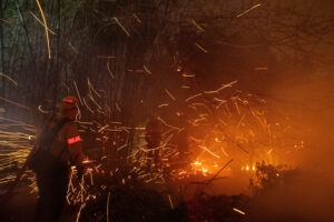 Firefighters battle the Eaton fire in Sierra Madre, Calif. on Jan. 8, 2025.